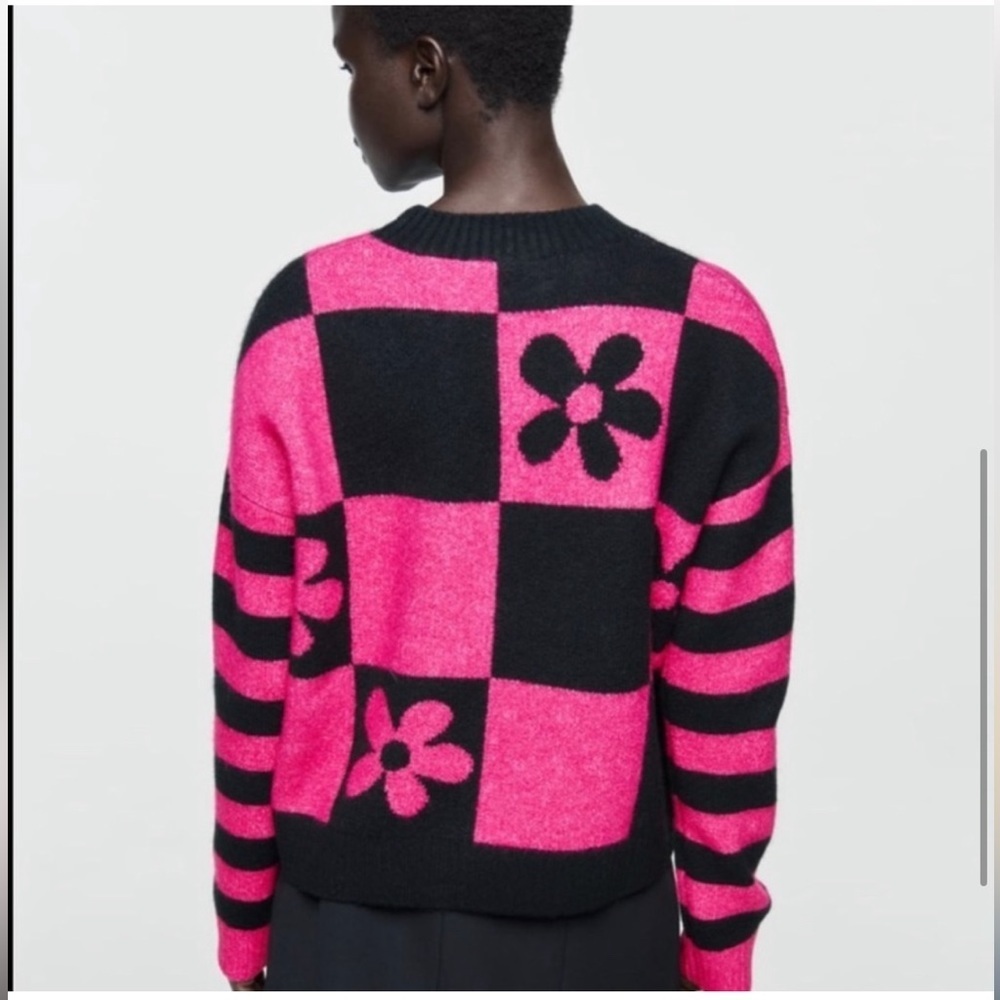 Zara warm Cozy Floral Printed Checkered OverSize Crewneck Sweater - Picture 5 of 12